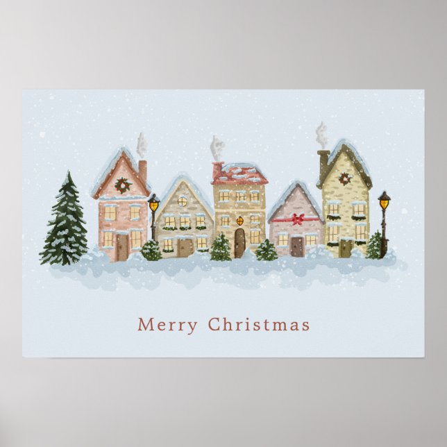 Poster Watercolor Christmas Village Merry Christmas Blue (Devant)