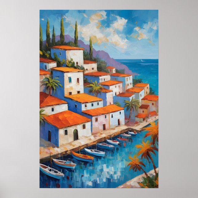 Poster Watercolor Coastal Village  sailboat   (Devant)