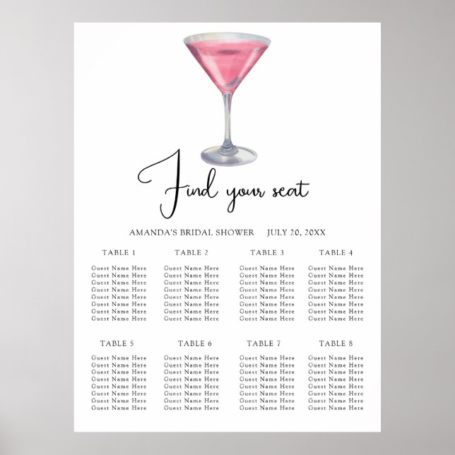 Poster Watercolor Cocktail Wedding seating chart (Devant)