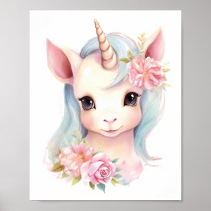 Poster Watercolor Cute Baby Unicorn Portrait Enfants Nurs