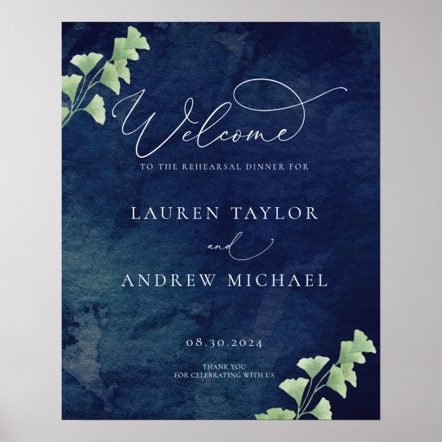 Poster Watercolor Dark Blue Greenery Rehearsal Dinner (Devant)