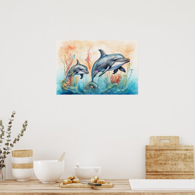 Poster Watercolor dolphins art print (Cuisine)