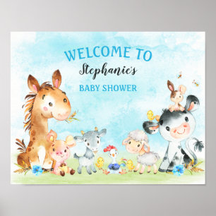 Poster Watercolor Farm Animaux Baby shower garçon