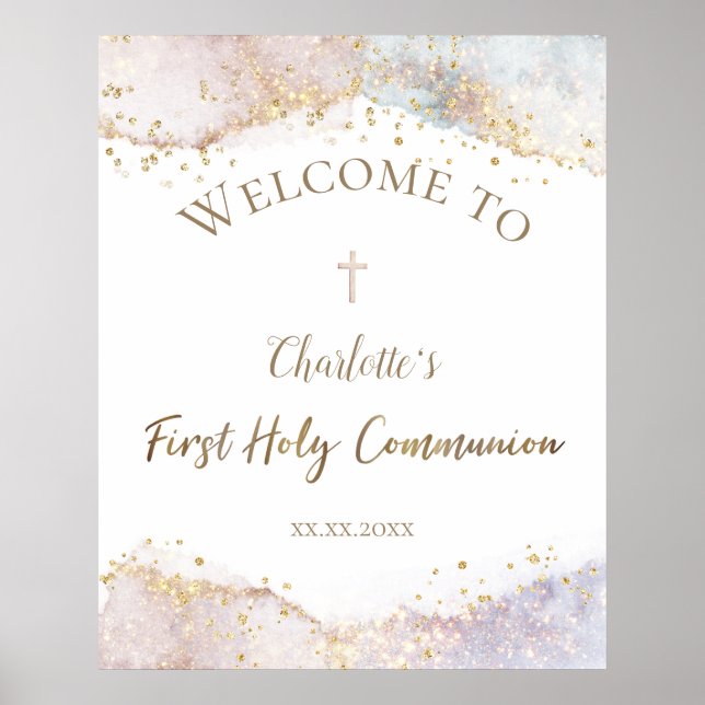Poster watercolor faux glitter First Communion welcome  (Devant)