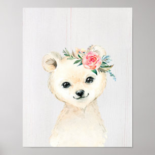 Poster Watercolor Floral Baby Polar Bear Snowy Animals