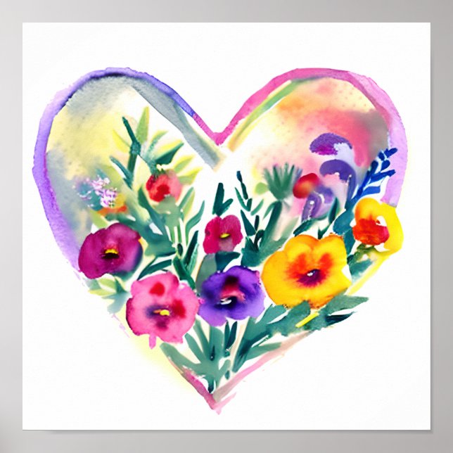 Poster Watercolor Floral Heart Wreath (Devant)