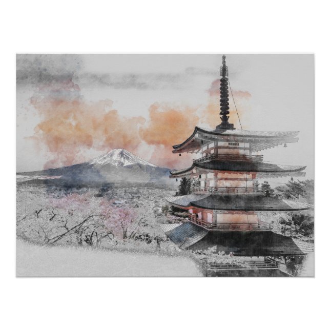 Poster Watercolor Japanese Pagoda & Mt. Fuji  (Devant)