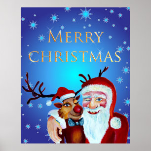 Poster Watercolor Magical Santa Claus Smiling Rudolph