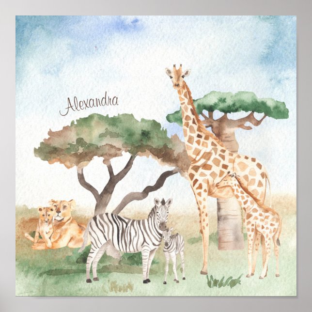 Poster Watercolor Mommy and Baby African Animals (Devant)