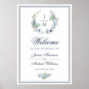 Poster Watercolor Monogram Floral Wreath Wedding Welcome