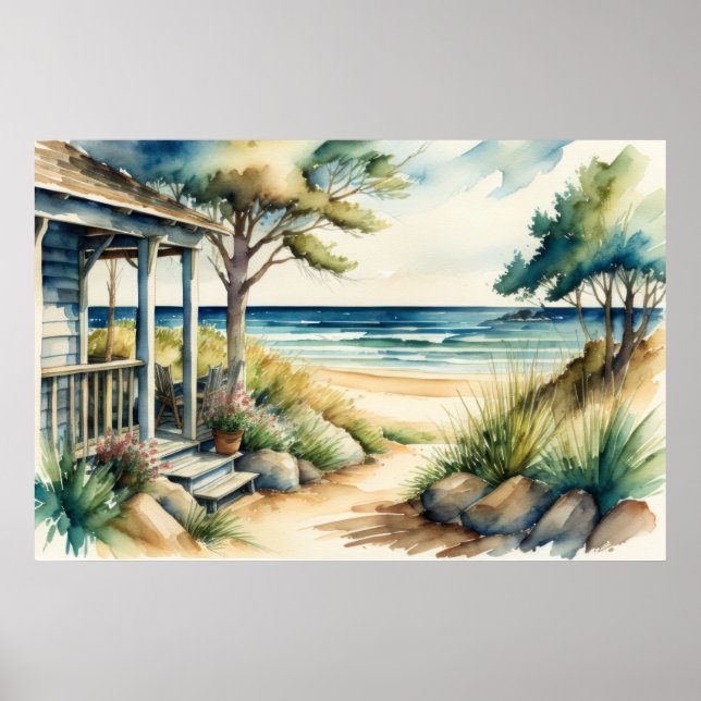Poster Watercolor Painting Sea View Front Porch (Devant)