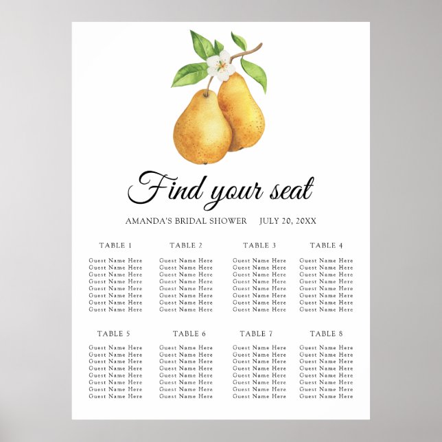 Poster Watercolor pair pears Wedding seating chart (Devant)