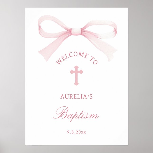 Poster Watercolor Pink Bow Baptism Welcome (Devant)