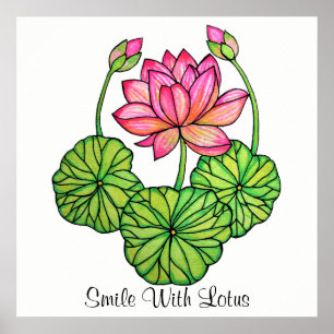 Poster Watercolor Pink Lotus with Buds & Leaves