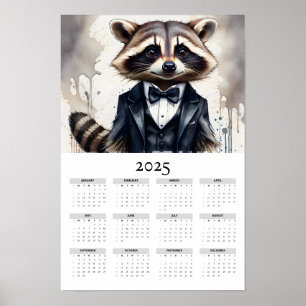Poster Watercolor Raccoon portant Tux 2025 Calendrier mur