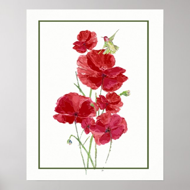 Poster Watercolor Red Poppies & Hummingbird Garden art (Devant)