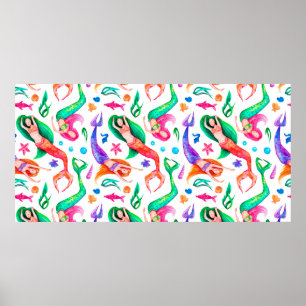 Poster Watercolor seamless pattern with mermaids, seashel