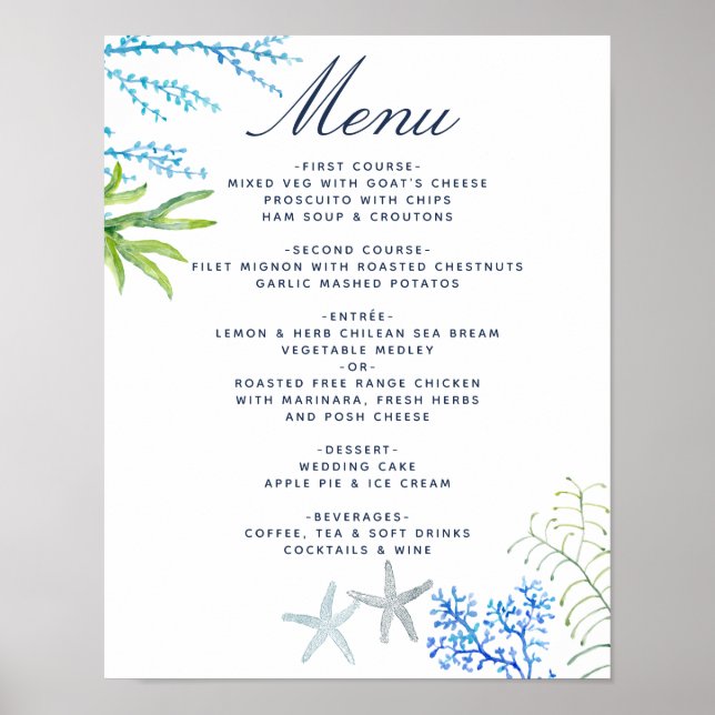 Poster Watercolor Seaweed Beach Wedding Menu (Devant)
