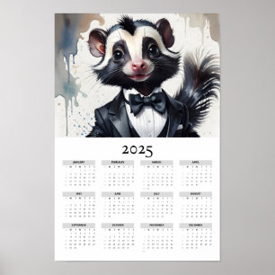 Poster Watercolor Skunk Tuxedo Bow Cravate 2025 Wall Cale
