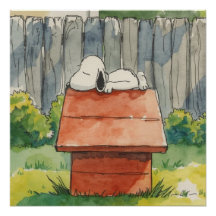 Watercolor Sleeping Dog on Red Doghouse Art