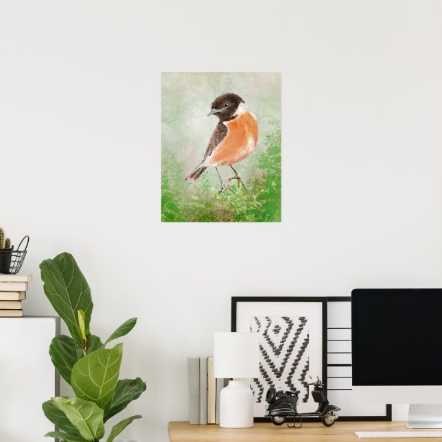 Poster Watercolor Stonechat Bird  Nature Art (Bureau à domicile)
