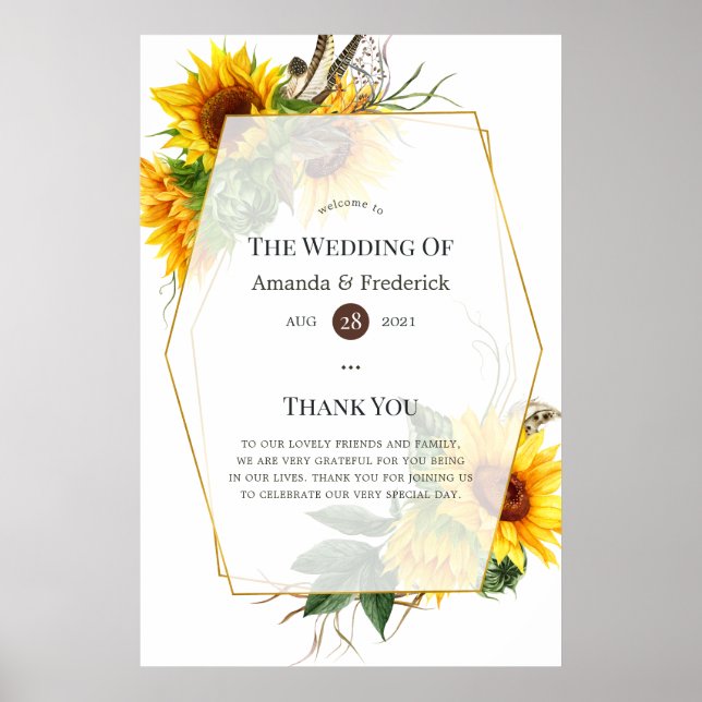 Poster Watercolor Sunflower Rustique Mariage Bienvenue (Devant)