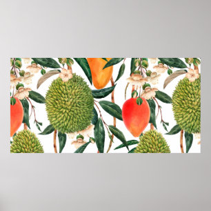 Poster Watercolor tropical pattern, durian fruit, mango o
