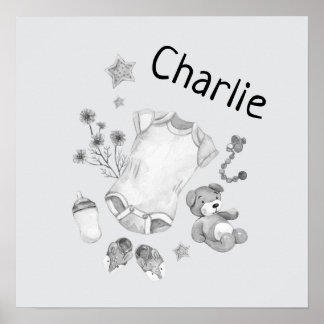 Poster Watercolor Vintage Baby Black and White Nursery