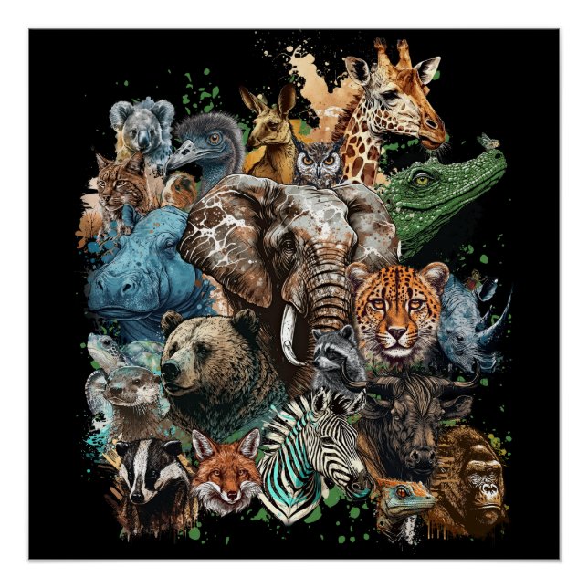Poster Watercolor Wildlife Collage (Devant)