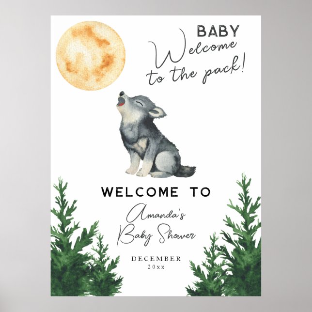 Poster Watercolor Wolf Baby shower Welcome (Devant)