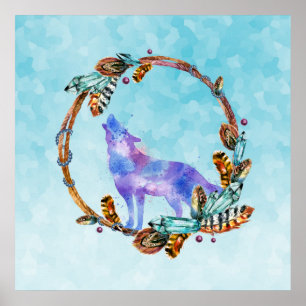 Poster Watercolor Wolf Howling in a Boho Style Wreath