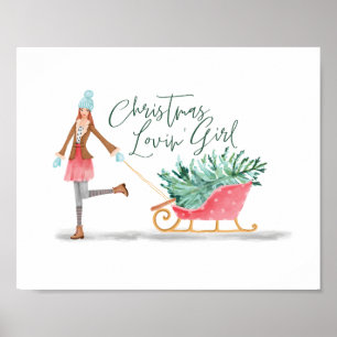 Poster Waterolor Christmas Lovin' Girl Pulling Sleigh