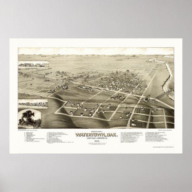 Poster Watertown, SD Carte panoramique - 1883 (Devant)
