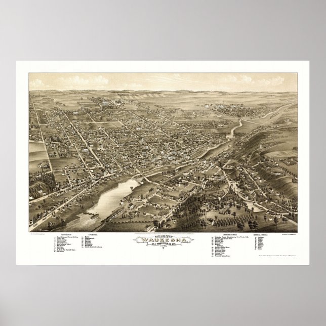 Poster Waukesha, WI Carte panoramique - 1880 (Devant)