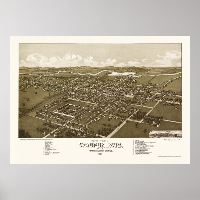 Poster Waupun, WI Carte Panoramique - 1885 (Devant)