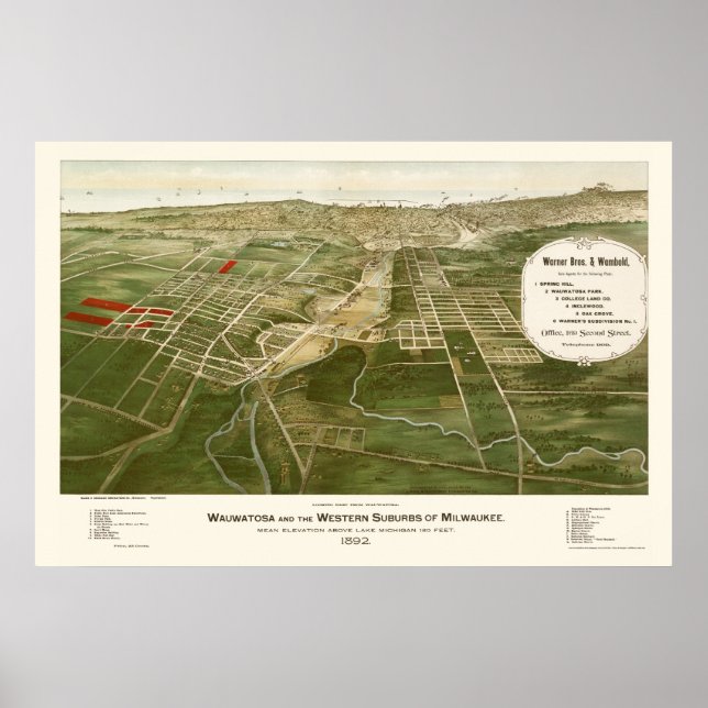 Poster Wauwatosa, WI Carte panoramique - 1892 (Devant)