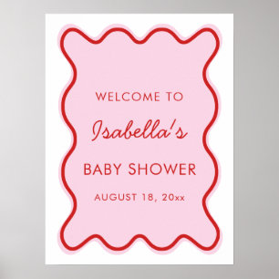 Poster Wavy Moderne Curvy Retro Baby shower rose et rouge