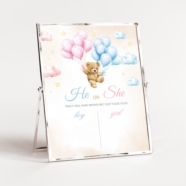 Poster We Can Bearly Wait Bear Gender Reveal Sign (Bear Balloon He or She Gender Reveal Voting Sign)