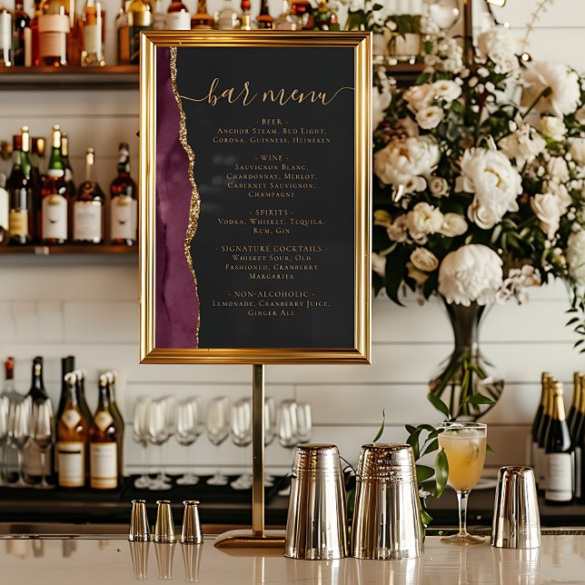 Poster Wedding Bar Menu Burgundy Gold Agate Dark (Créateur téléchargé)
