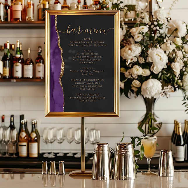 Poster Wedding Bar Menu Purple Gold Agate Dark (Créateur téléchargé)