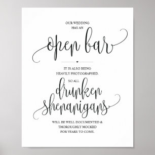 Poster Wedding Open Bar, drunken shenanigans sign