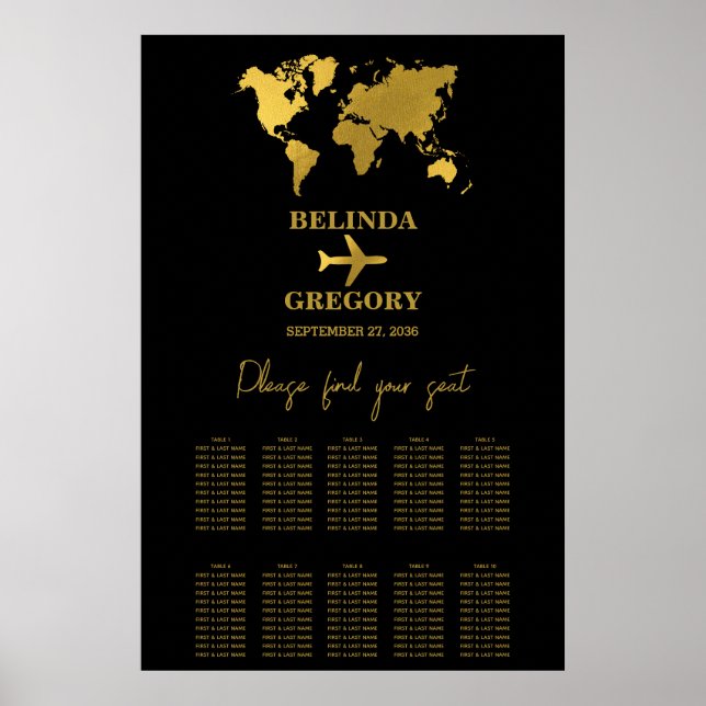 Poster Wedding Passport Black Gold Seating Chart (Devant)