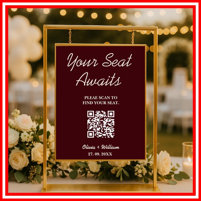 Poster Wedding Seating Chart QR Burgundy & Ivory Rustic (Créateur téléchargé)