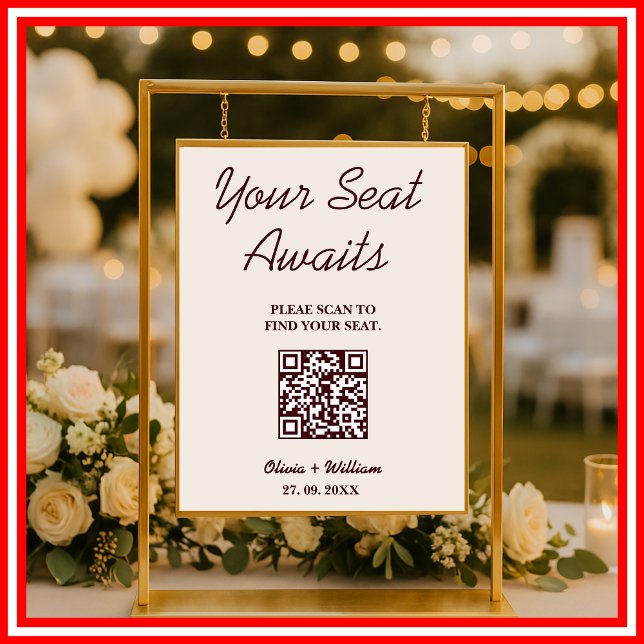 Poster Wedding Seating Chart QR Burgundy & Ivory Rustic (Créateur téléchargé)