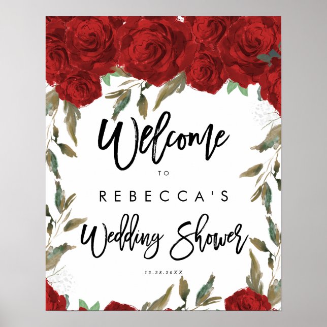 Poster wedding shower de bienvenue aux roses rouges (Devant)