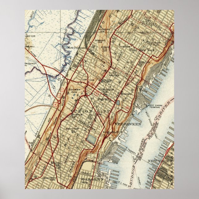 Poster Weehawken, Union City & West New York Map (1935) (Devant)