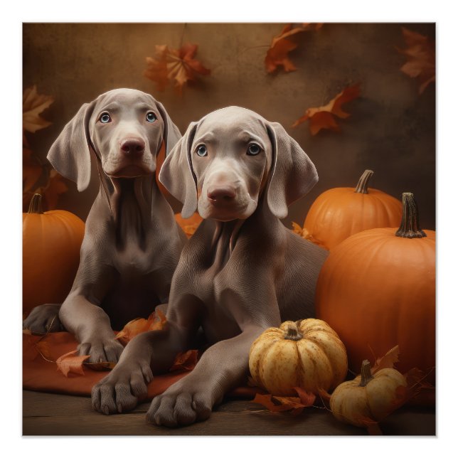 Poster Weimaraner Chiot Automne Citrouille délice (Devant)