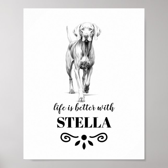 Poster Weimaraner Life est meilleur avec Custom Dog Name (Devant)
