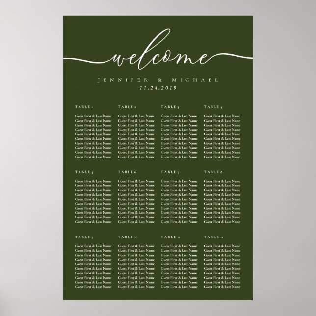 Poster Welcome Olive Green Wedding Table Seating (Devant)