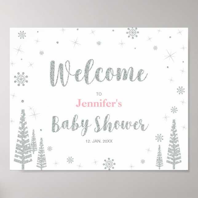 Poster Welcome Sign for Winter Baby Shower, Girl, Pink (Devant)